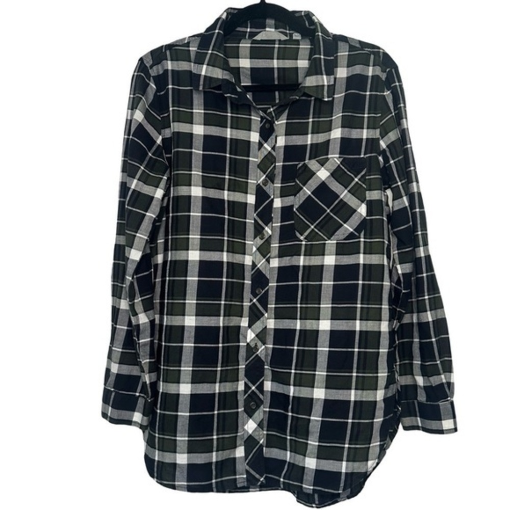 Athleta Plaid‎ Shirt Long Sleeve Button Down Green Black White Size Medium